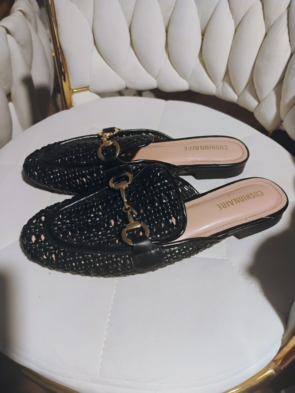 Cushionaire Black Woven Mule with Gold Bit